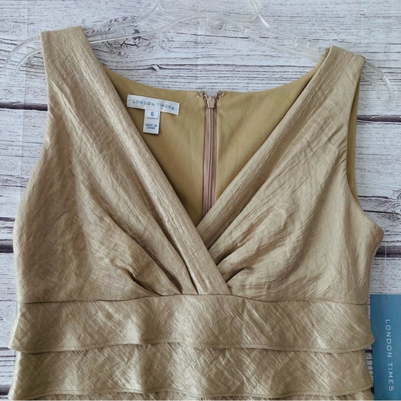 London Times Champagne Shimmer Tiered Ruffles Sleeveless Sheath Dress Size 6 NWT - Picture 3 of 13